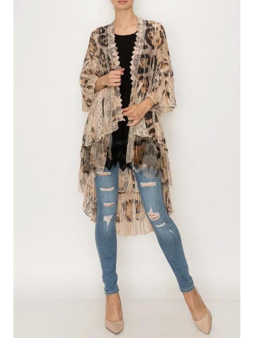 Origami Apparel Ethereal Lace Tiered High-Low Kimono various sizes